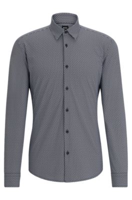 Hugo Boss Slim-fit Shirt In Printed Performance-stretch Fabric In Black