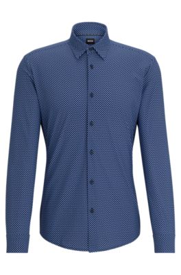 Shop Hugo Boss Slim-fit Shirt In Printed Performance-stretch Fabric In Dark Blue