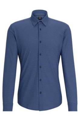 Camisa slim fit de tejido el&aacute;stico t&eacute;cnico estampado, Azul oscuro