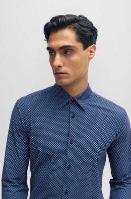 Camisa slim fit de tejido el&aacute;stico t&eacute;cnico estampado, Azul oscuro