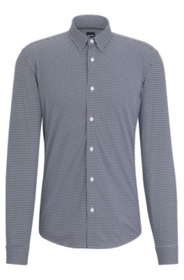 Hugo Boss Slim-fit Shirt In Geometric-printed Performance-stretch Material In Dark Blue