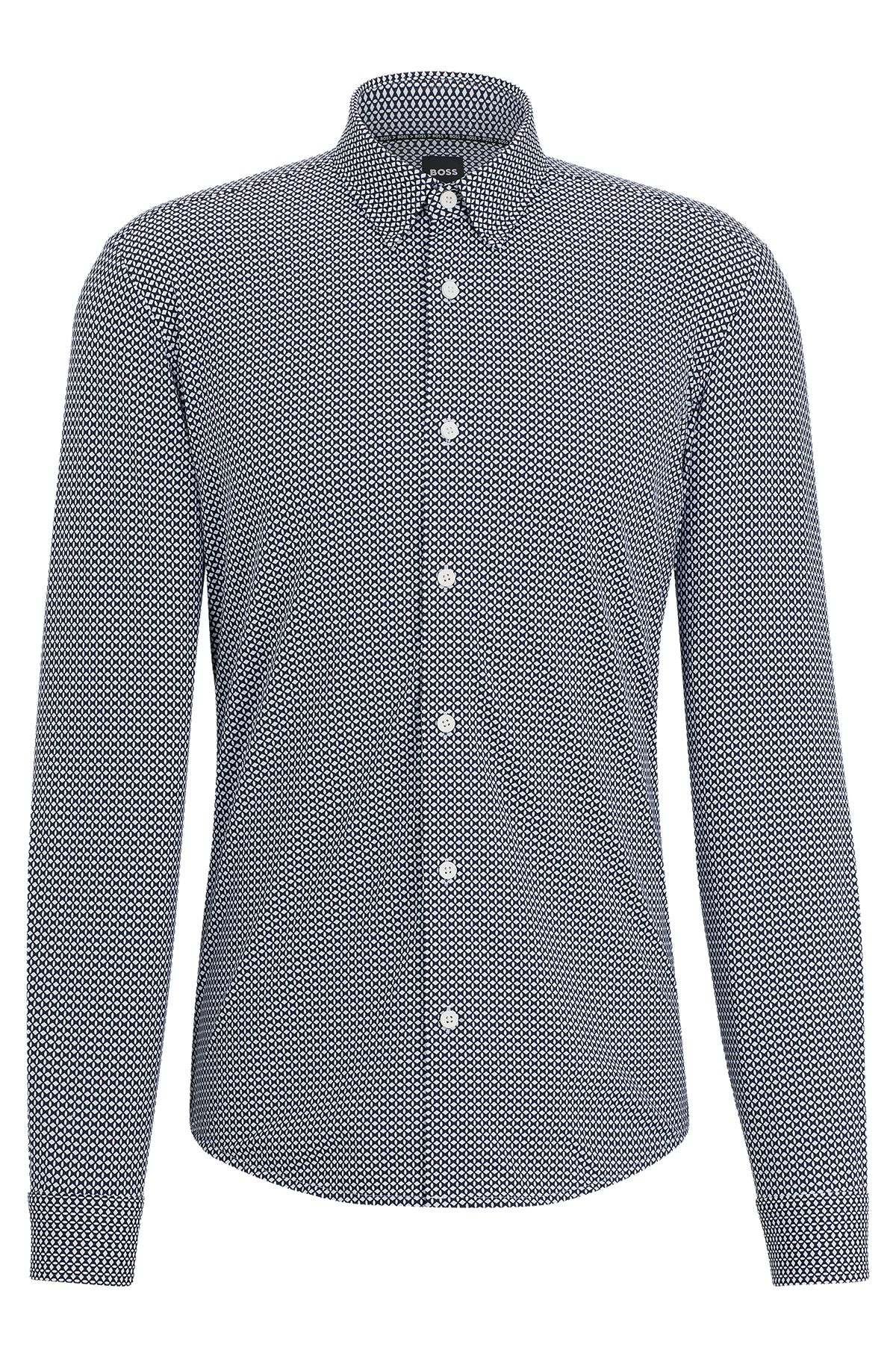 Slim-fit shirt in geometric-printed performance-stretch material, Dark Blue