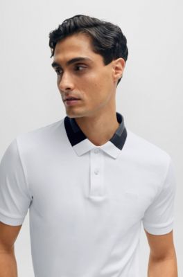 Interlock-cotton slim-fit polo shirt with colour-blocked collar, White