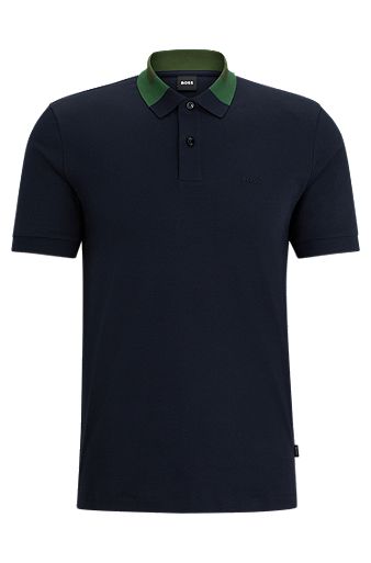 Interlock-cotton slim-fit polo shirt with colour-blocked collar, Dark Blue
