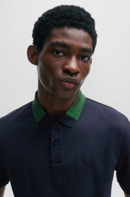 Interlock-cotton slim-fit polo shirt with colour-blocked collar, Dark Blue