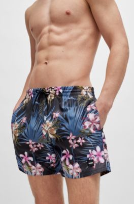 Quick-dry swim shorts with all-over print, Black