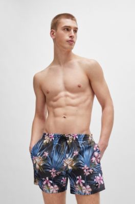 Quick-dry swim shorts with all-over print, Black