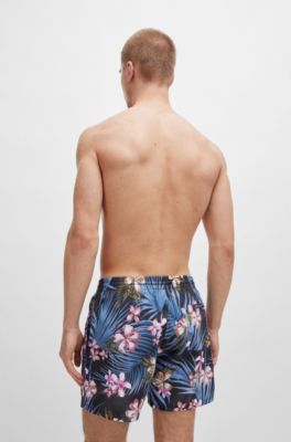Quick-dry swim shorts with all-over print, Black