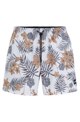 Shop Hugo Boss Tropical-print Quick-drying Swim Shorts With Logo Badge In White