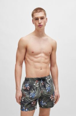 Quick-dry swim shorts with all-over print, Khaki