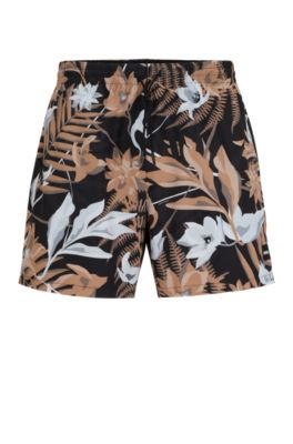 Hugo Boss Fully Lined Swim Shorts With Seasonal Print In Beige