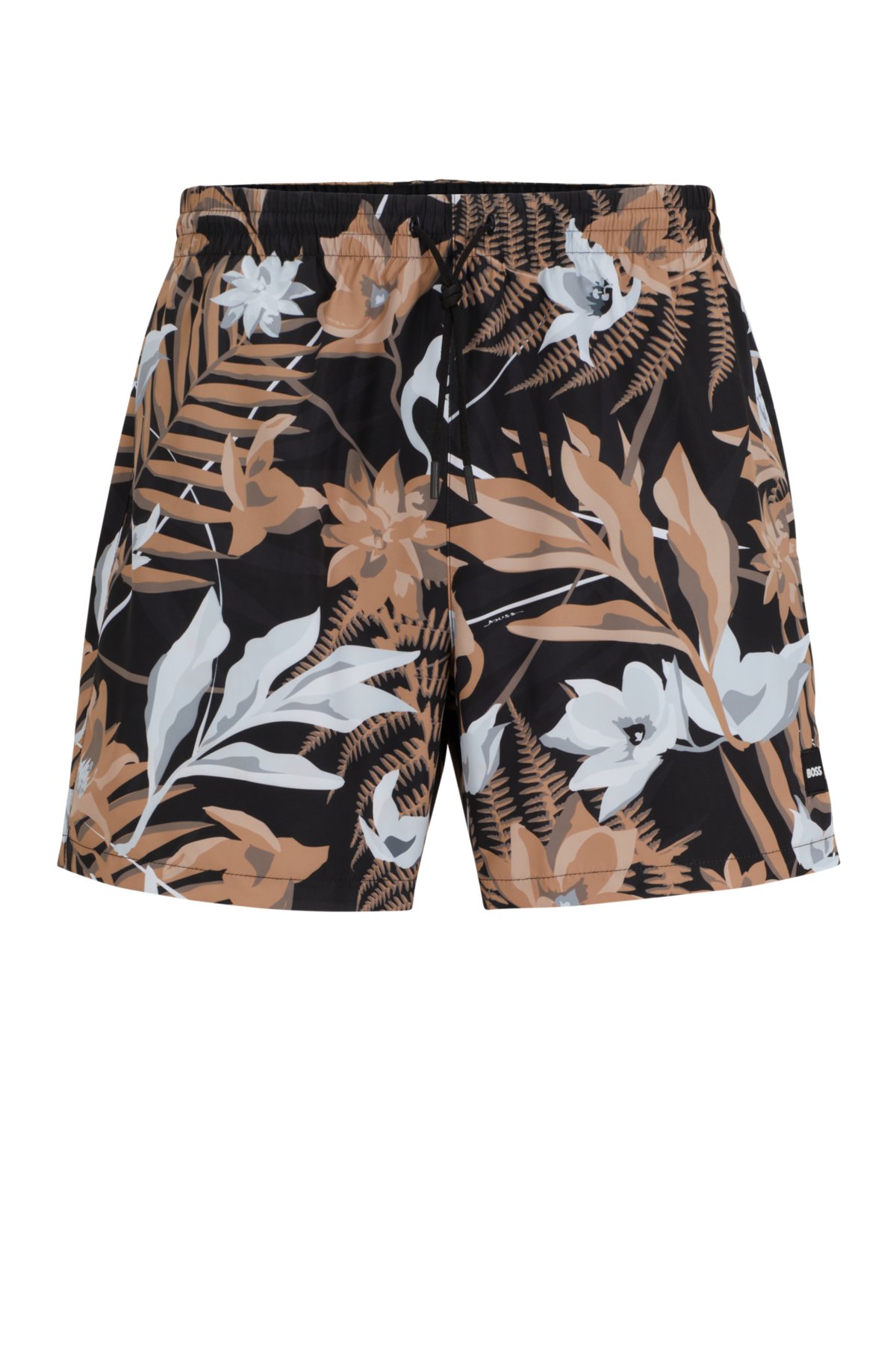 BOSS - Tropical-print quick-drying swim shorts with logo badge