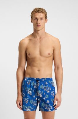 Quick-dry swim shorts with all-over print, Blue