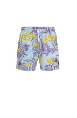 Hugo Boss Tropical-print Quick-drying Swim Shorts With Logo Badge In Purple
