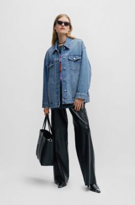HUGO - Oversize-fit long-length jacket in blue denim 