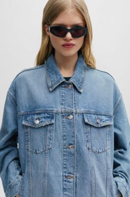 HUGO - Oversize-fit long-length jacket in blue denim 