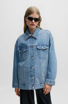 HUGO - Oversize-fit long-length jacket in blue denim 