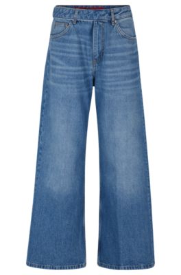 Hugo Boss Oversize-fit Wide-leg Jeans In Mid-blue Denim