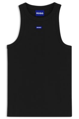 Camiseta de tirantes de algod&oacute;n el&aacute;stico con etiqueta con logo azul, Negro
