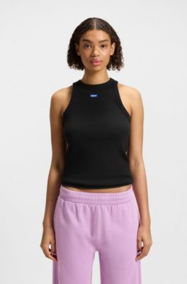 Camiseta de tirantes de algod&oacute;n el&aacute;stico con etiqueta con logo azul, Negro