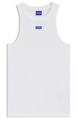 Stretch-cotton tank top with blue logo label, White