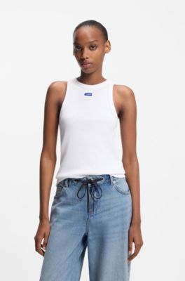 Stretch-cotton tank top with blue logo label, White