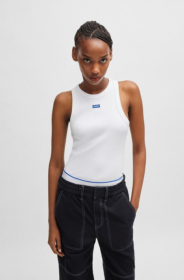Stretch-cotton slim-fit top with blue logo badge, White