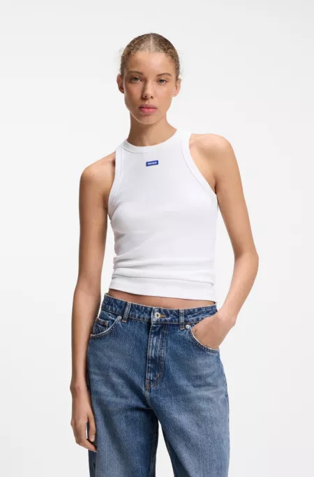 Stretch-cotton tank top with blue logo label