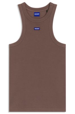 Stretch-cotton tank top with blue logo label, Brown