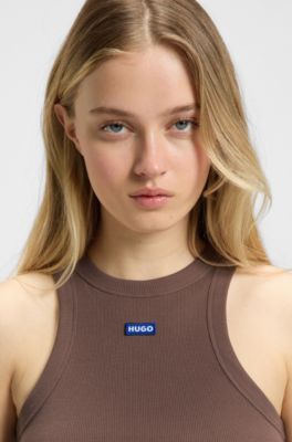 Camiseta de tirantes de algod&oacute;n el&aacute;stico con etiqueta con logo azul, Marr&oacute;n