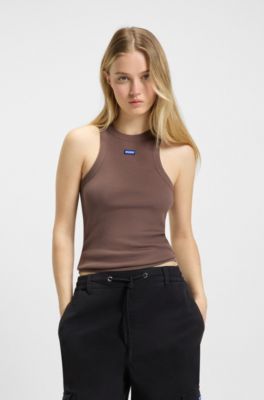 Camiseta de tirantes de algod&oacute;n el&aacute;stico con etiqueta con logo azul, Marr&oacute;n