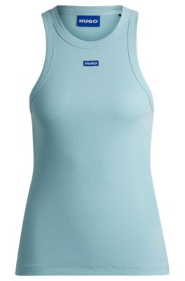 Hugo Boss Stretch-cotton Slim-fit Top With Blue Logo Badge In Light Blue