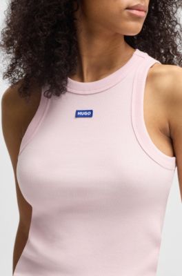 Camiseta de tirantes de algod&oacute;n el&aacute;stico con etiqueta con logo azul, Rosa claro