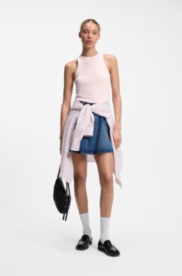 Camiseta de tirantes de algod&oacute;n el&aacute;stico con etiqueta con logo azul, Rosa claro