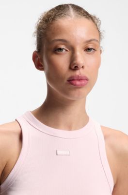 Camiseta de tirantes de algod&oacute;n el&aacute;stico con etiqueta con logo azul, Rosa claro