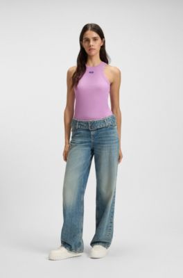 Camiseta de tirantes de algod&oacute;n el&aacute;stico con etiqueta con logo azul, Lila