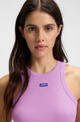 Camiseta de tirantes de algod&oacute;n el&aacute;stico con etiqueta con logo azul, Lila