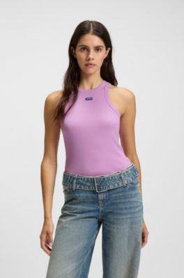 Camiseta de tirantes de algod&oacute;n el&aacute;stico con etiqueta con logo azul, Lila