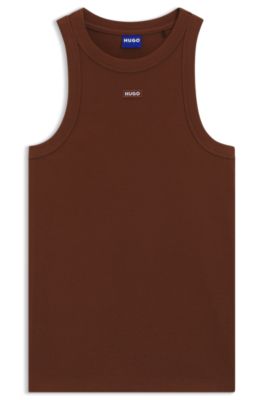 Camiseta de tirantes de algod&oacute;n el&aacute;stico con etiqueta con logo azul, Marr&oacute;n