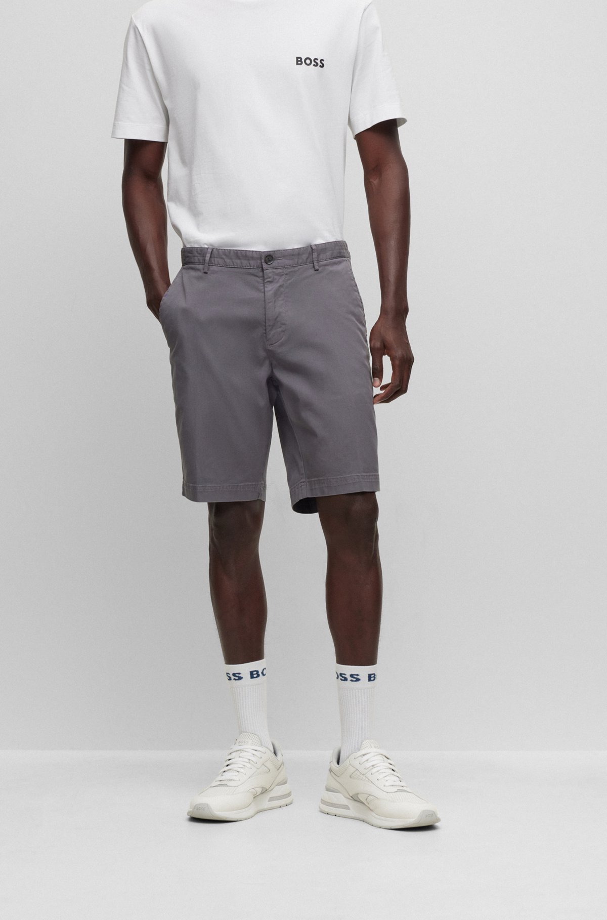 Slim-fit shorts in stretch-cotton gabardine, Dark Grey