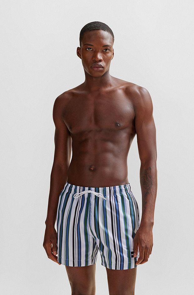 Fully lined swim shorts in striped quick-dry fabric, Light Blue