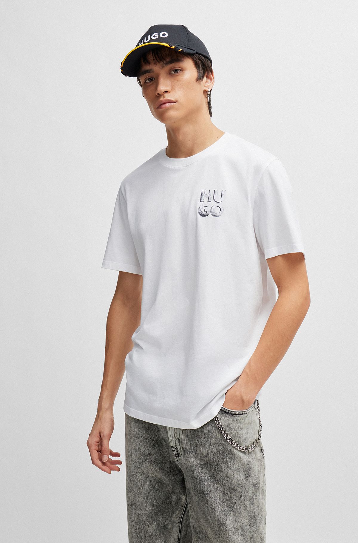 Camiseta de punto de algodón con logo reflectante decorativo, Blanco