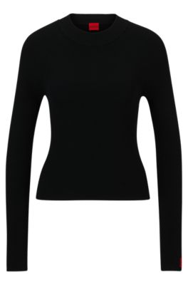 Shop Hugo Rib-knit Sweater With Mock Neckline And Logo Label In Black