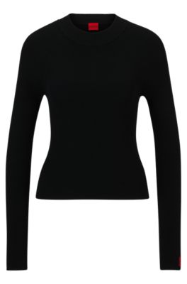 Hugo Rib-knit Sweater With Mock Neckline And Logo Label In Black