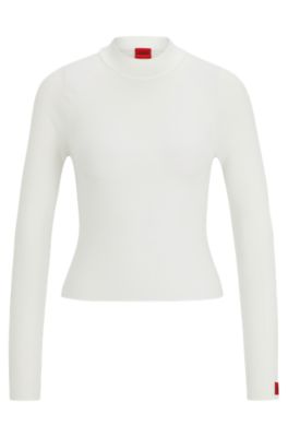 Hugo Boss Rib-knit Sweater With Mock Neckline And Logo Label In White