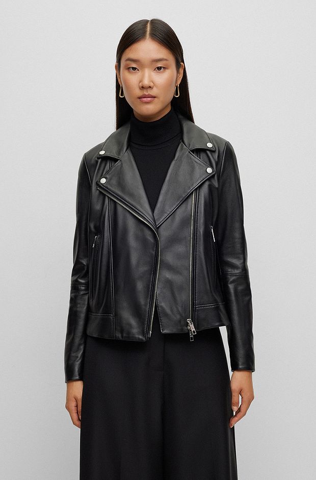 Regular-fit leather jacket with asymmetric zip, Black