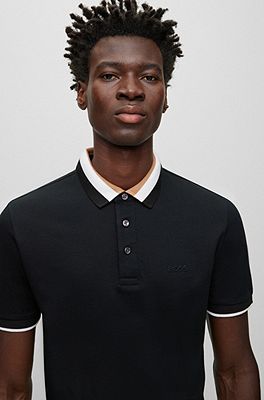 Shop BOSS Mercerized Cotton Polo Shirt with Signature Stripe Collar