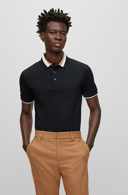 Mercerized-cotton polo shirt with signature-stripe collar, Black