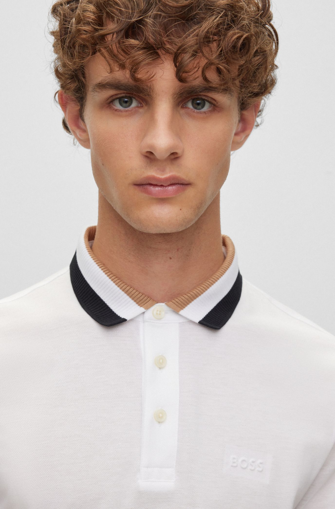 BOSS - Mercerized-cotton with signature-stripe polo shirt collar