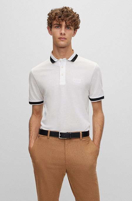 Mercerized-cotton polo shirt with signature-stripe collar, White